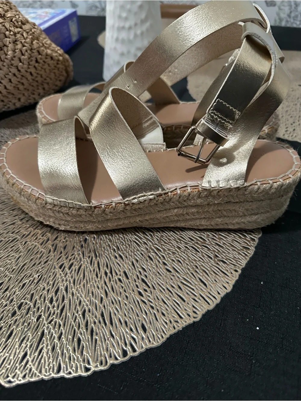 Gold Espadrille Sandals with Ankle Strap